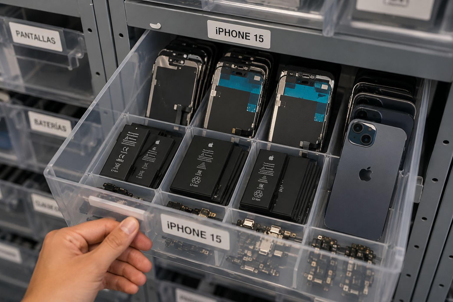 Cajones de stock con pantallas, baterías y flex de iPhone en Tec-iNfo